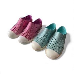 two pairs of Native Kids Slip-On Shoes - Pink and Teal glitter - size 12